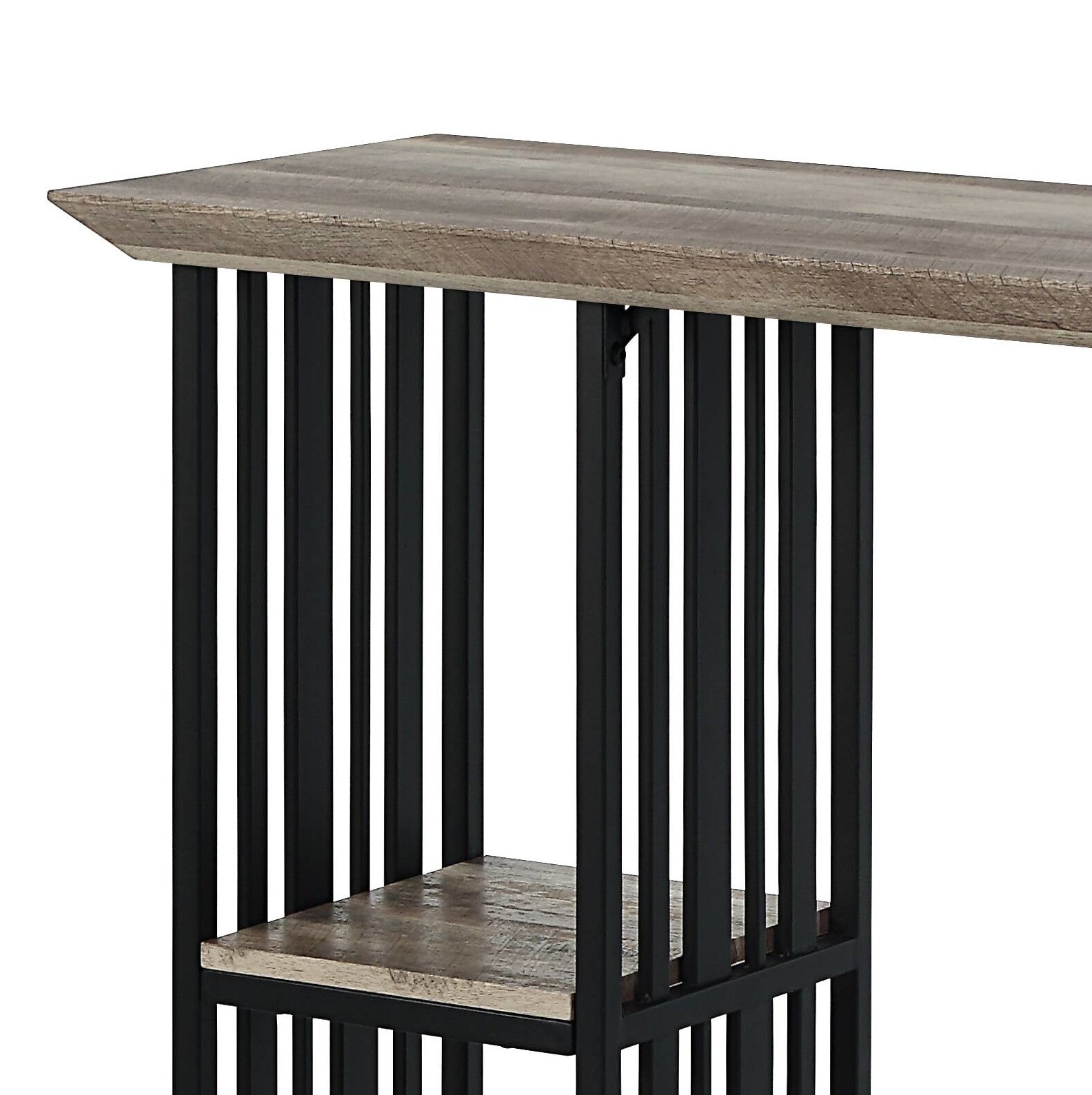 Rustic gray wood top on black metal bar console table with open shelving
