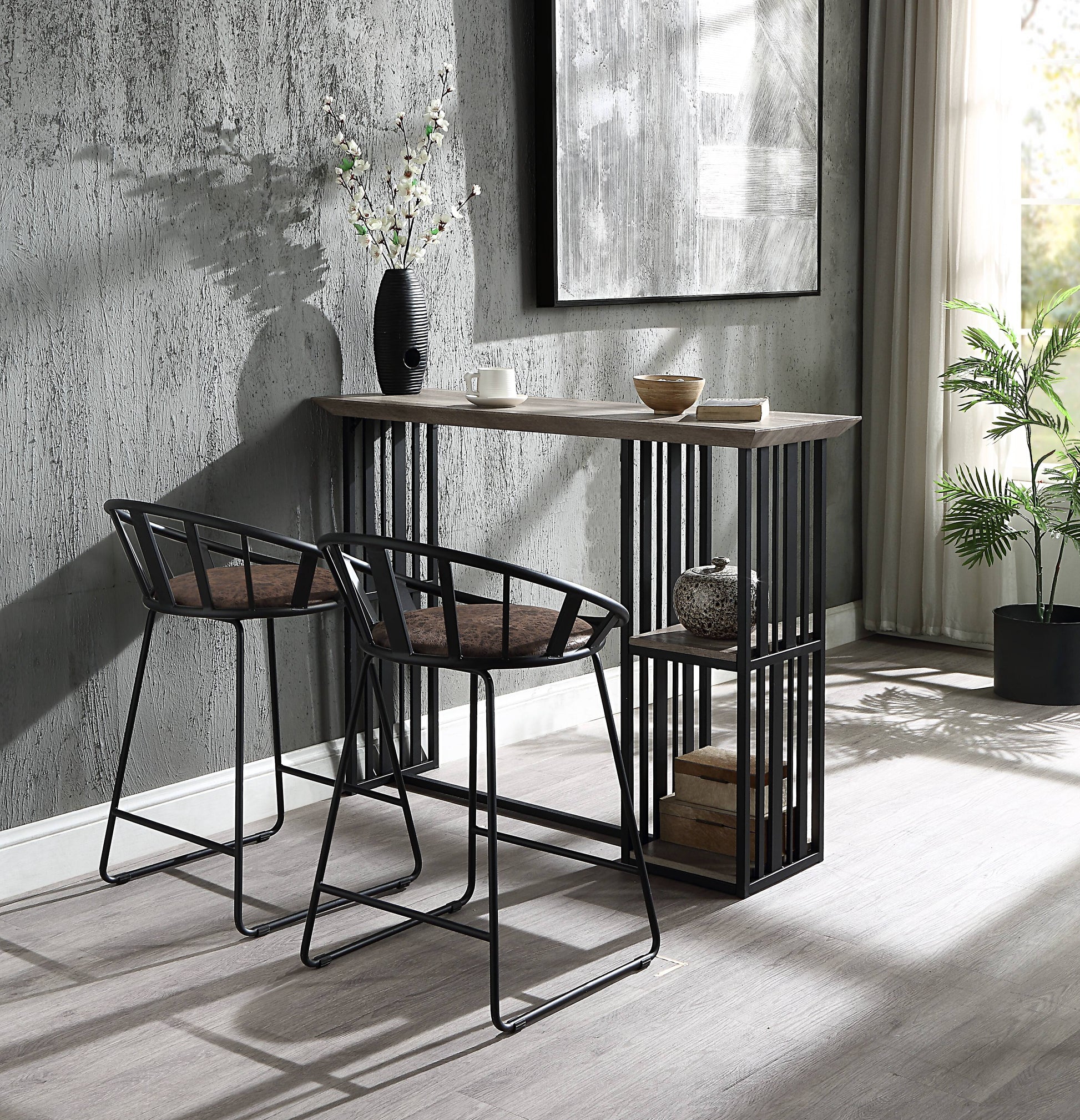 Industrial bar stools with black metal frames and distressed brown faux leather seats