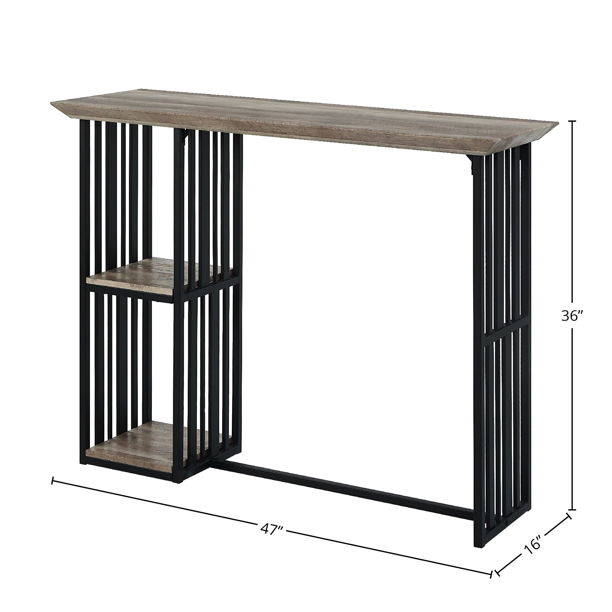 Rustic oaklook console table with black metal frame and two shelves  inches wide