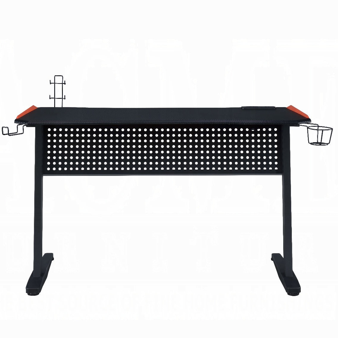Black gaming desk with headphone hook and cup holder for PC setup