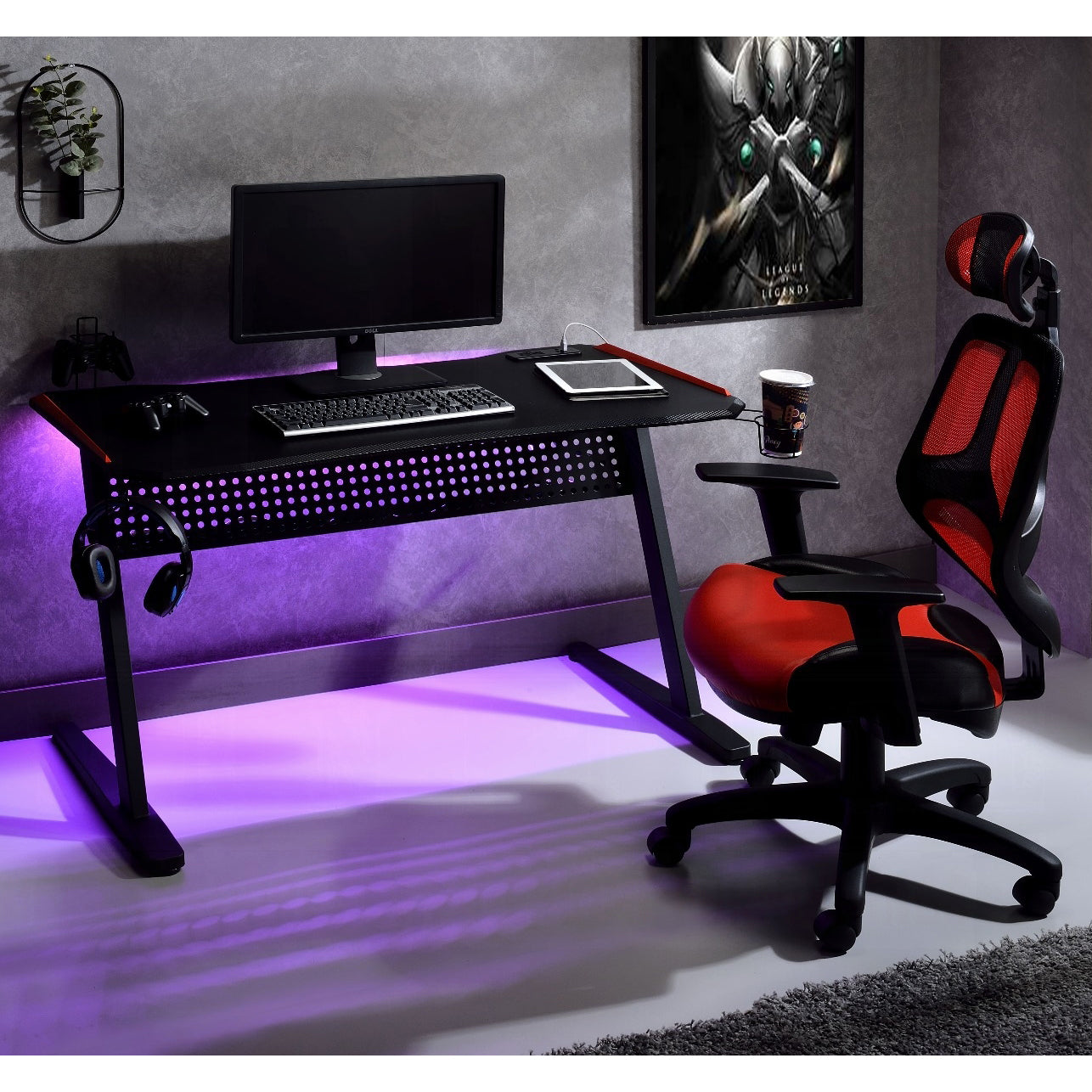 Ergonomic gaming chair with red and black mesh upholstery and adjustable headrest