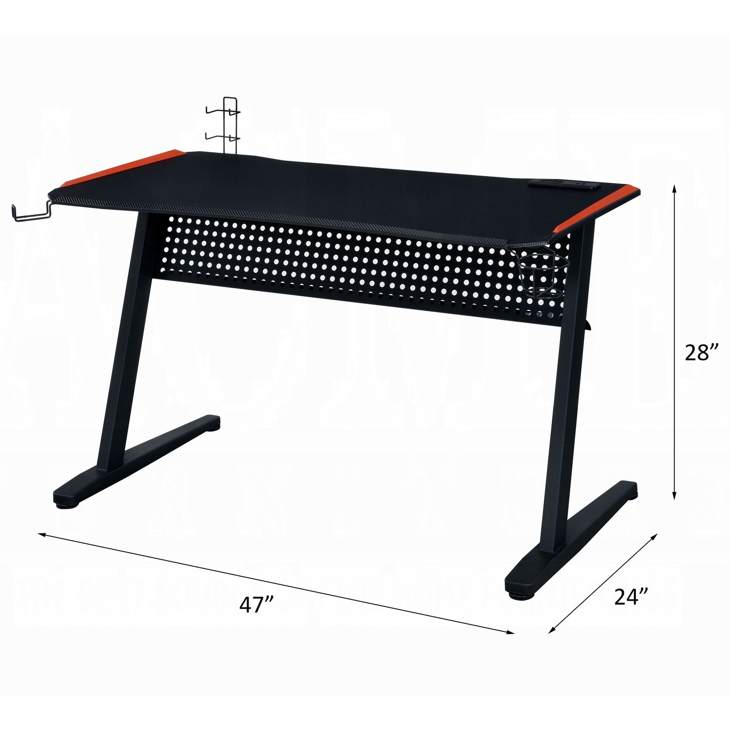 Black gaming desk with red accents headset hook and cup holder
