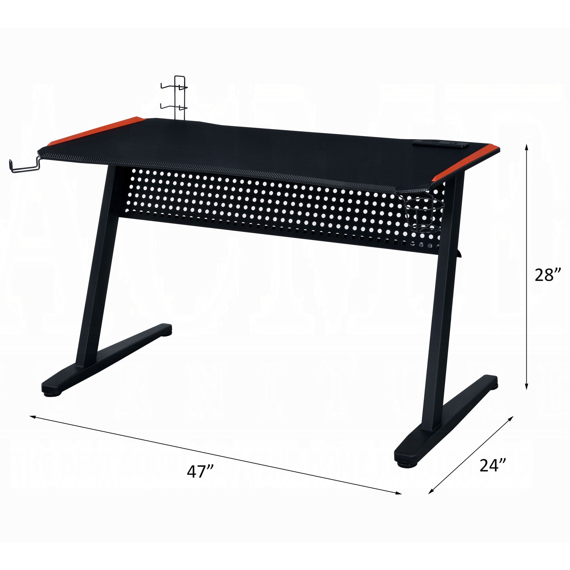 Black gaming desk with red accents headset hook and cup holder