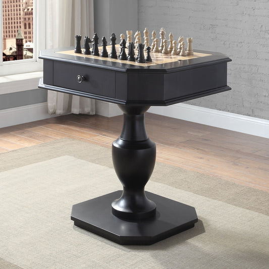 Black octagonal chess table with inlaid board and full set of black and ivory chess pieces