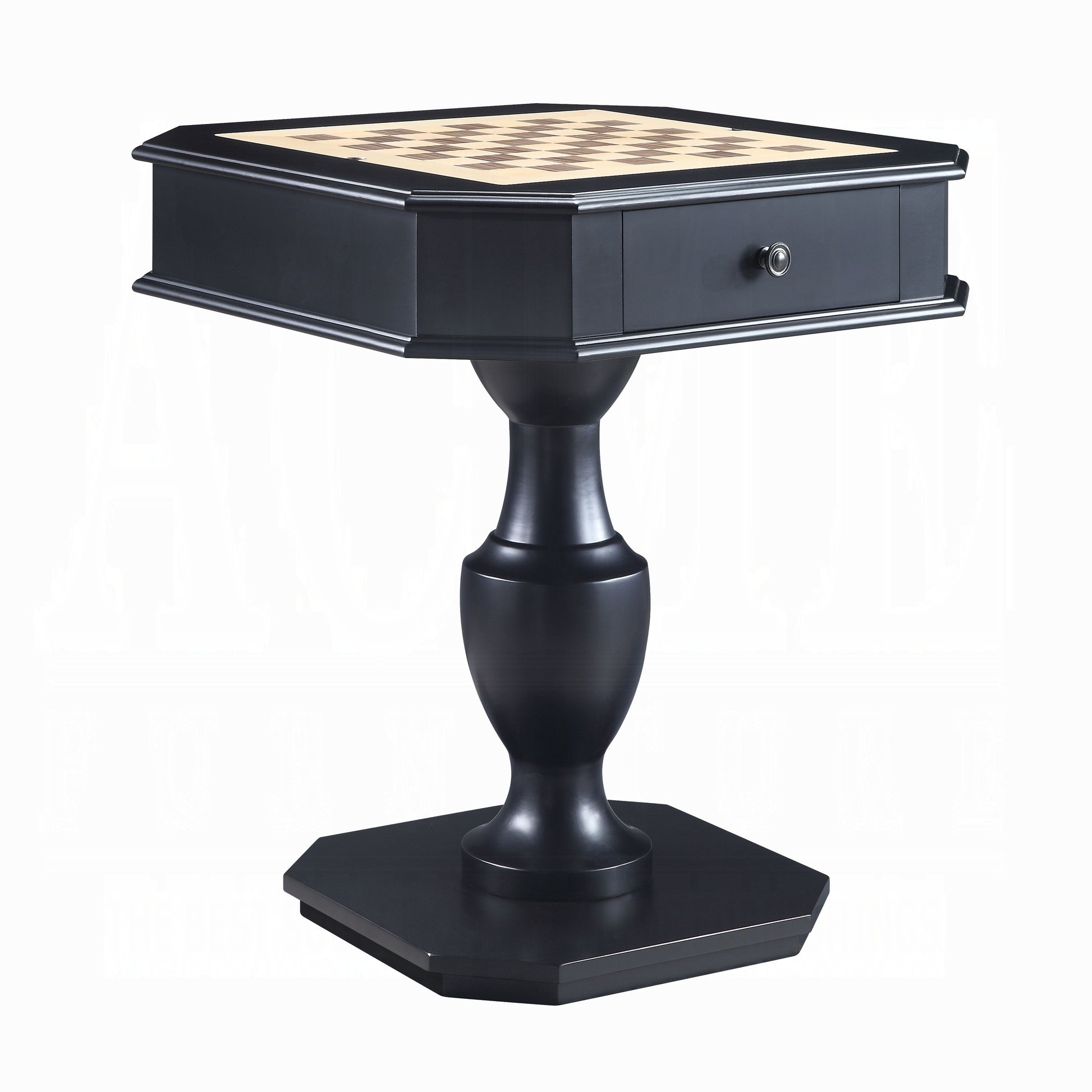 Black octagonal side table with builtin chess board top and drawer