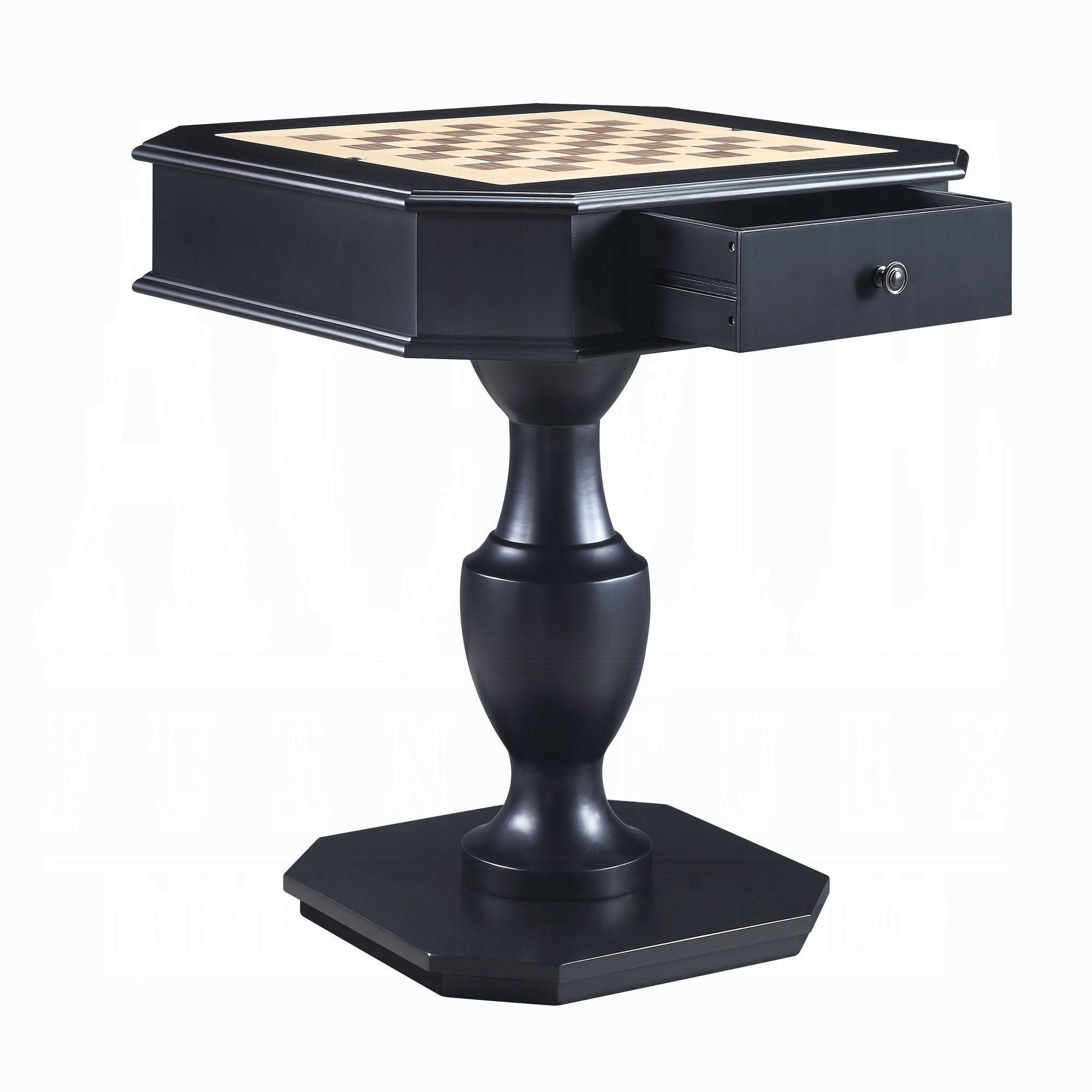 Black octagonal end table with inlaid wood chessboard and open drawer