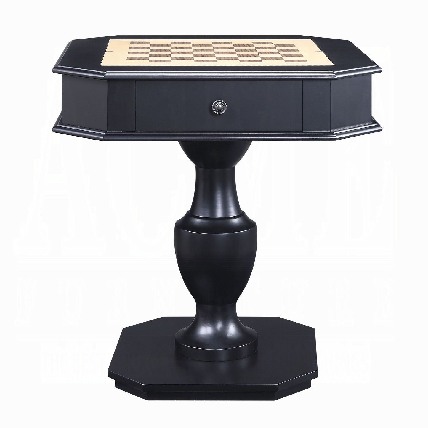 Black octagonal side table with inlaid chessboard surface and single drawer