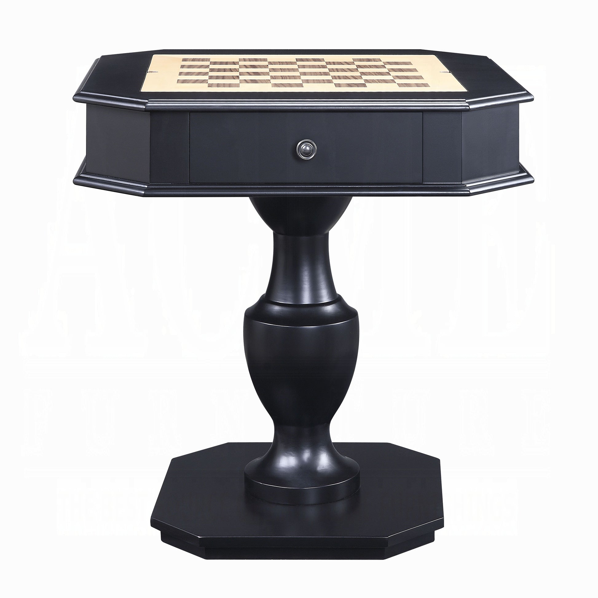 Black octagonal side table with inlaid chessboard surface and single drawer