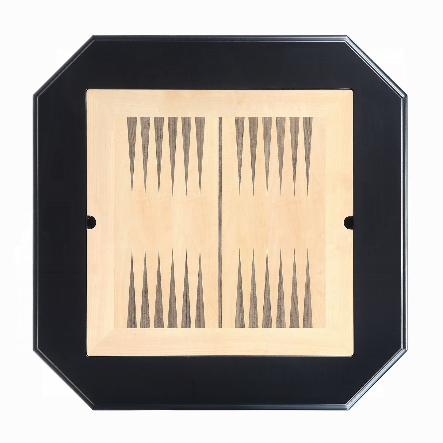 Elegant black octagonal backgammon set with light wood playing surface and dark points
