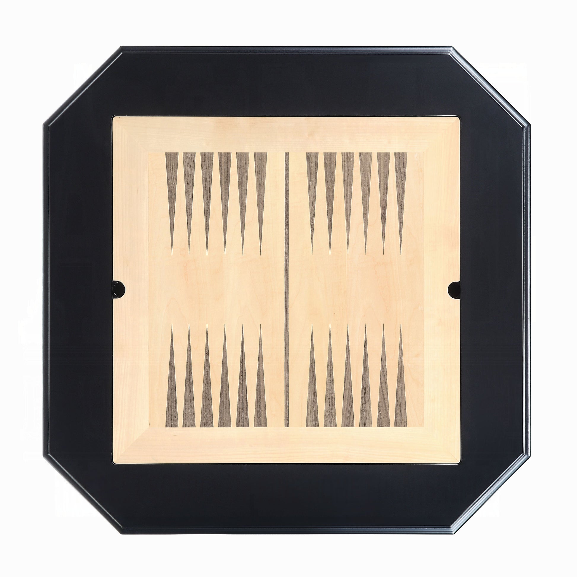 Elegant black octagonal backgammon set with light wood playing surface and dark points