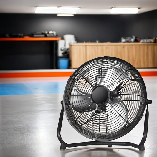 Heavyduty black metal floor fan with three speed settings and oscillating head