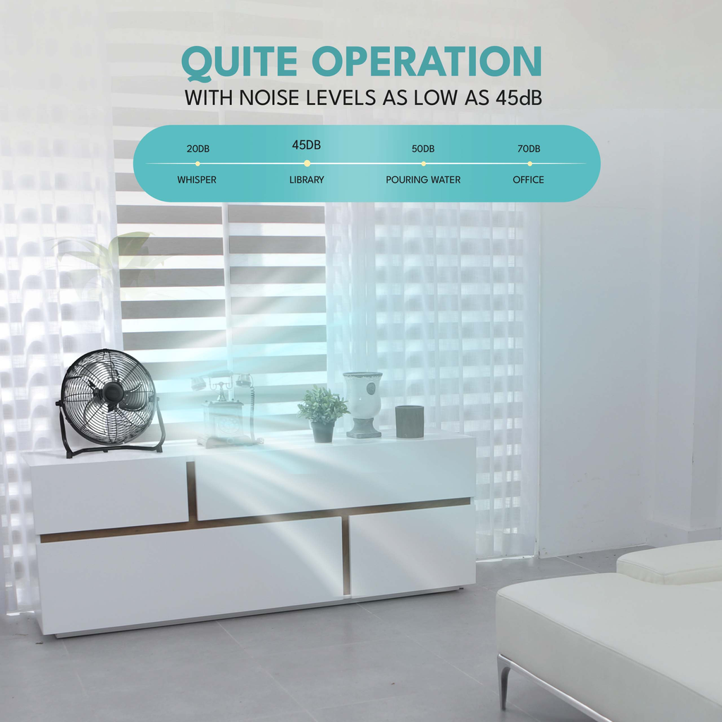 Black oscillating fan with quiet operation dB whisper mode