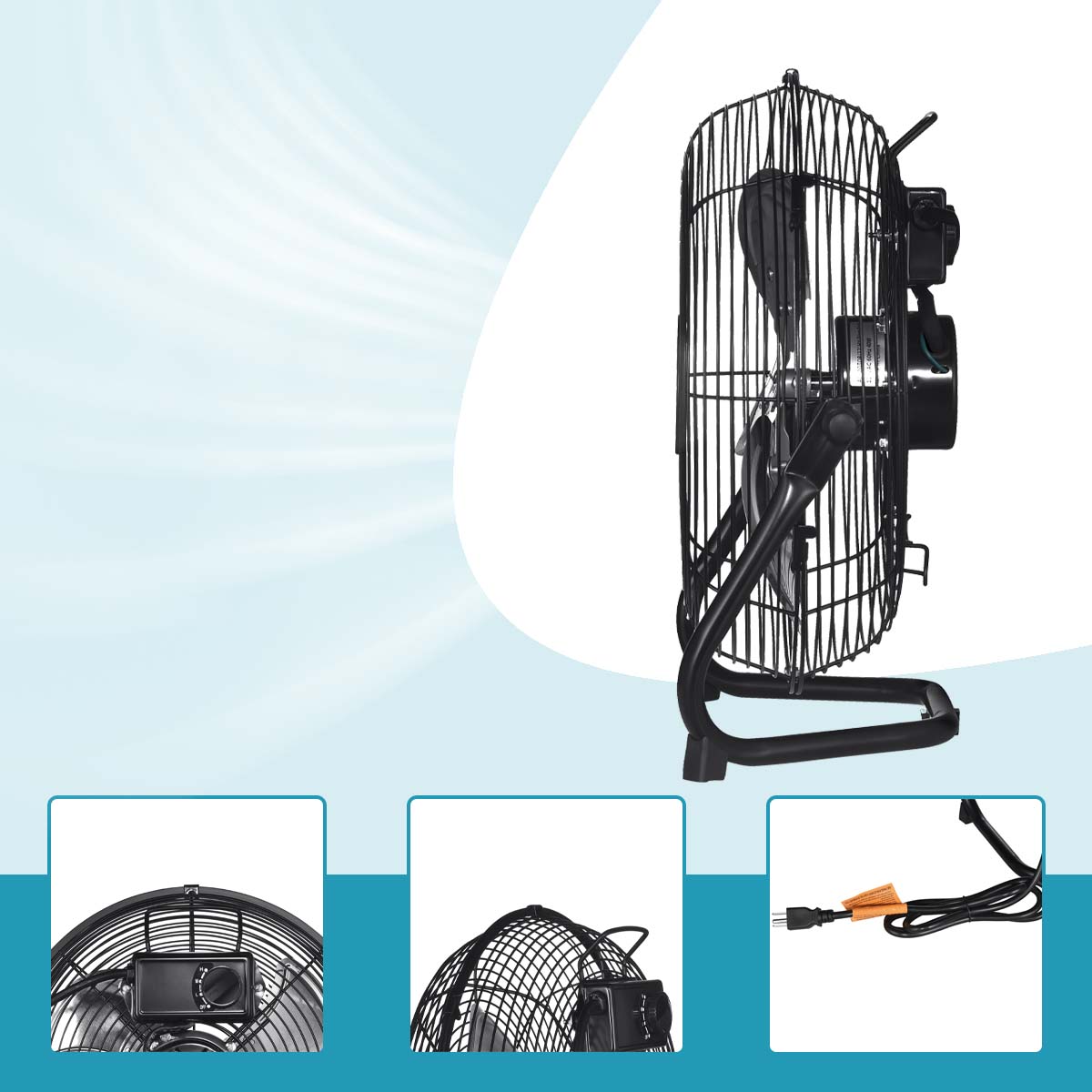 Black metal floor fan with adjustable speed control and powerful motor