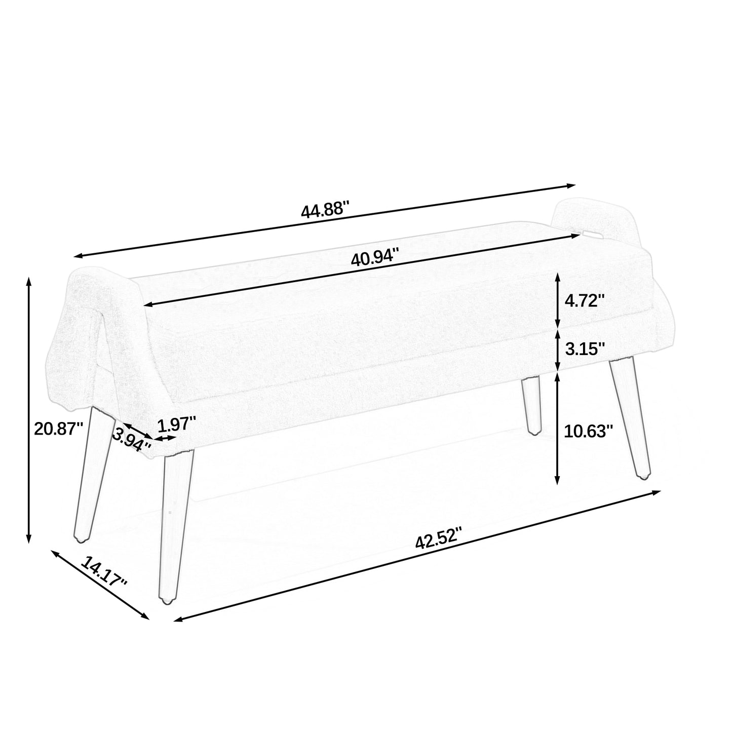 Sketch of a padded storage bench with tapered legs