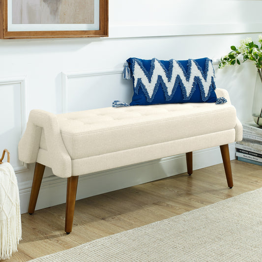 Cream boucle entryway bench with tufted seat and wooden legs