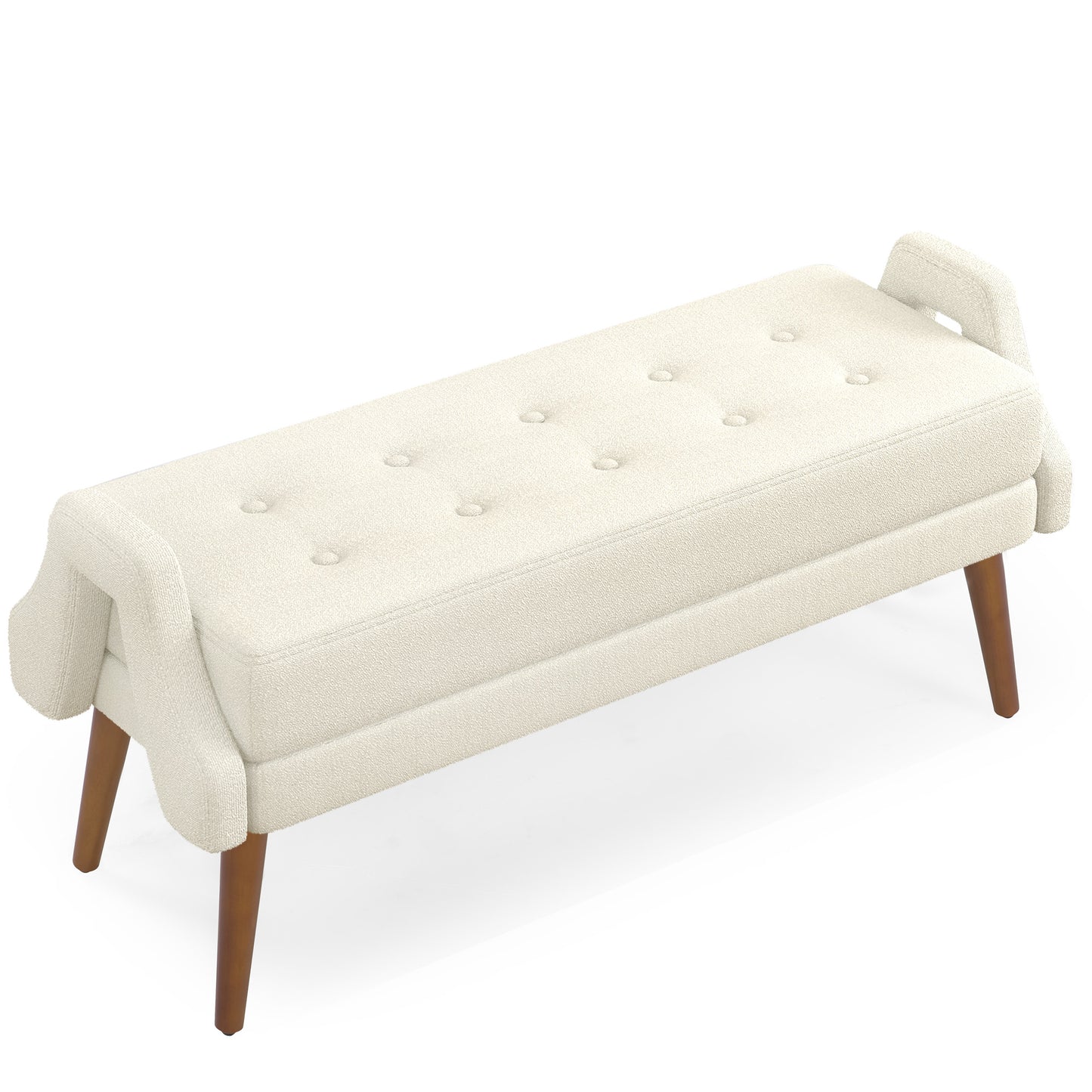 Cream upholstered bench with tufted seat and wooden legs