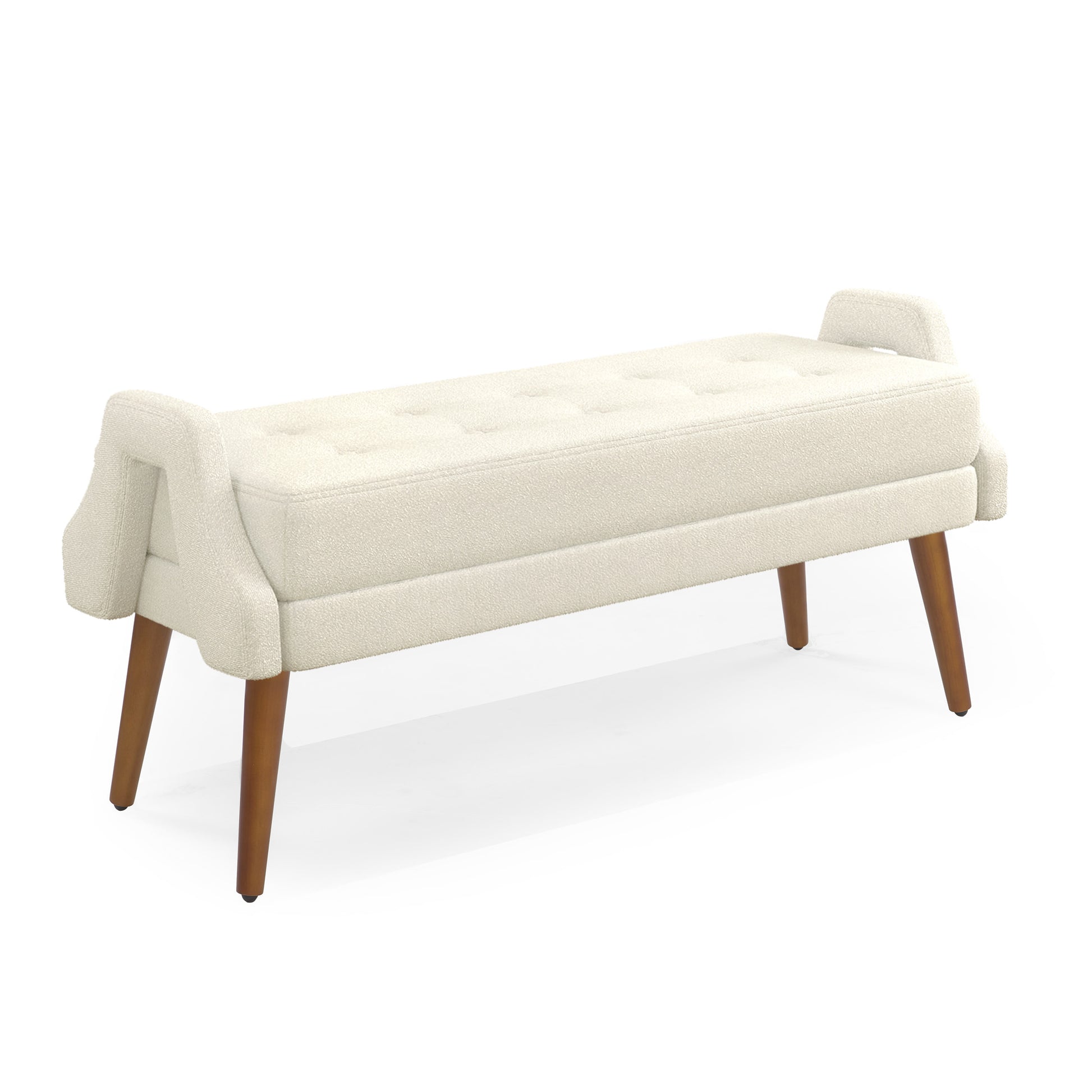 Cream boucl bench with tufted seat and tapered wooden legs