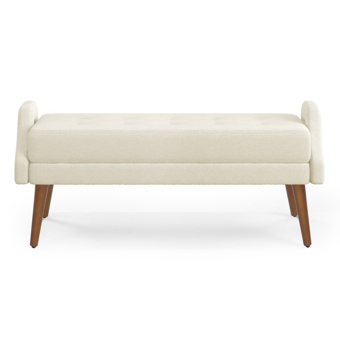 Cream boucle upholstered bench with button tufting and tapered wooden legs