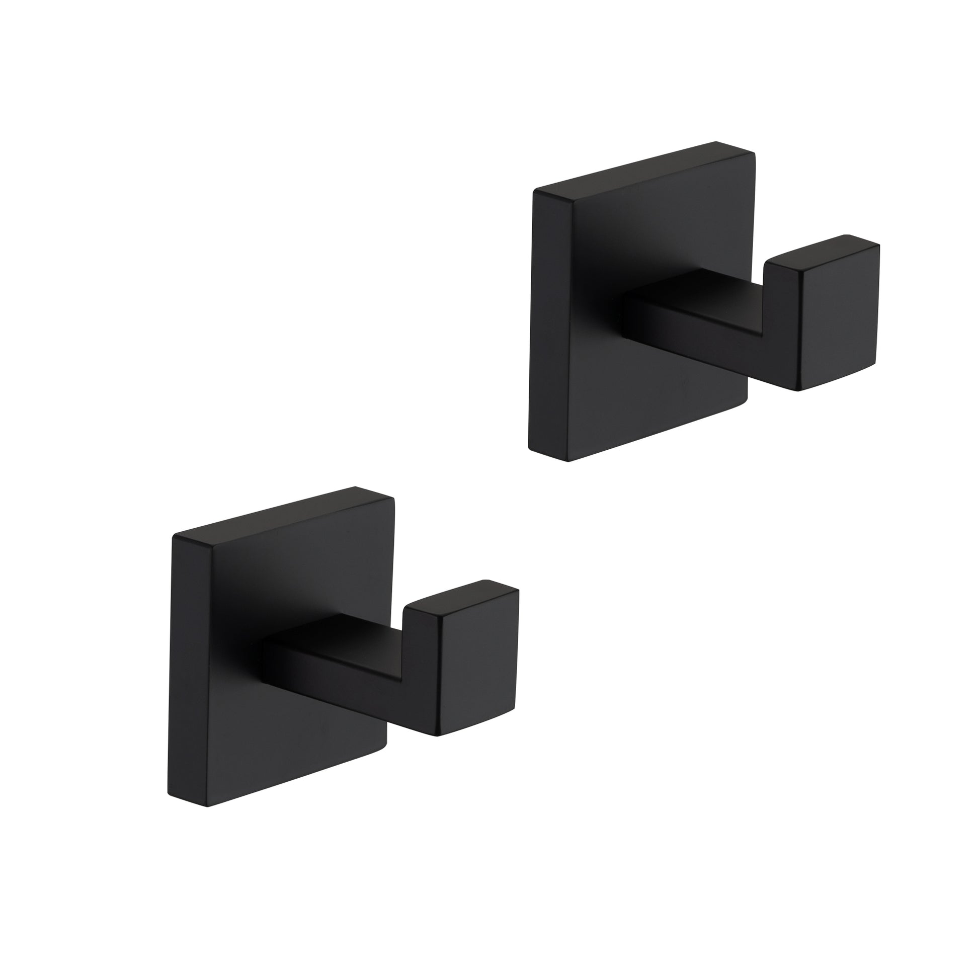 Set of two modern black wall hooks with square bases for bathroom organization