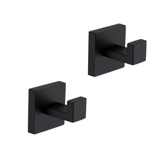 Set of two modern black wall hooks with square bases for bathroom organization