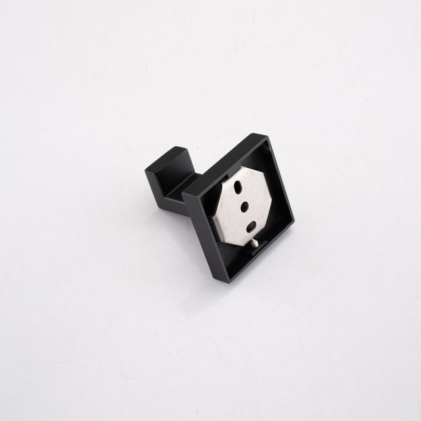 Modern black wallmounted coat hook with a brushed metal base