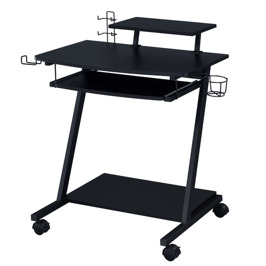 Black metal gaming desk with tiered shelves and headset hooks for gamers