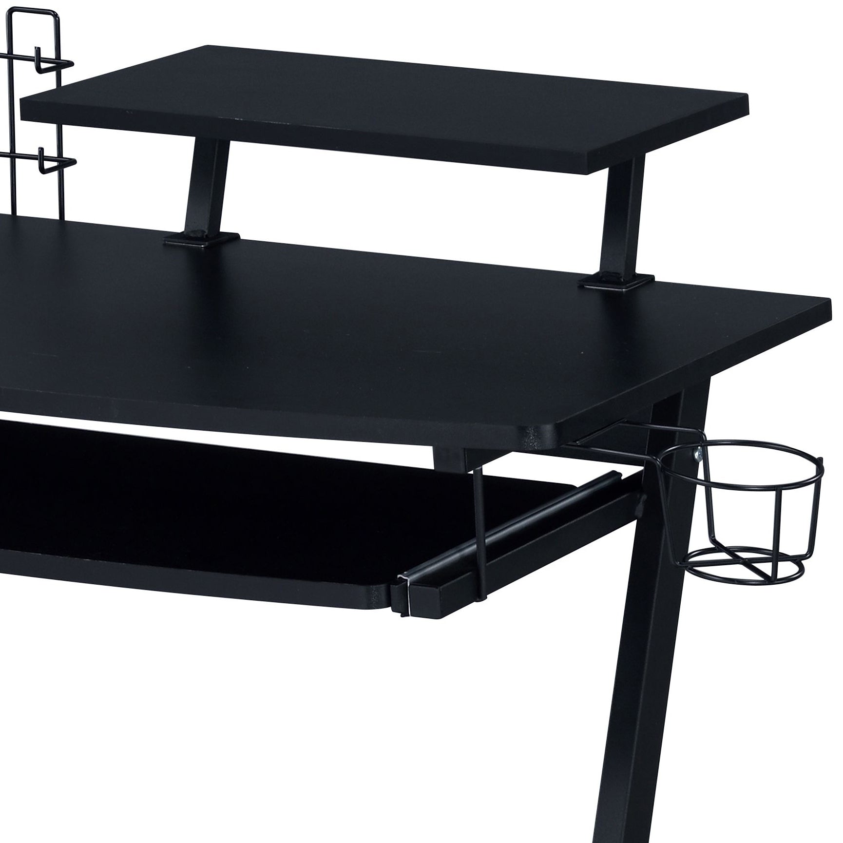 Black gaming desk with a raised monitor shelf slideout keyboard tray and cup holder