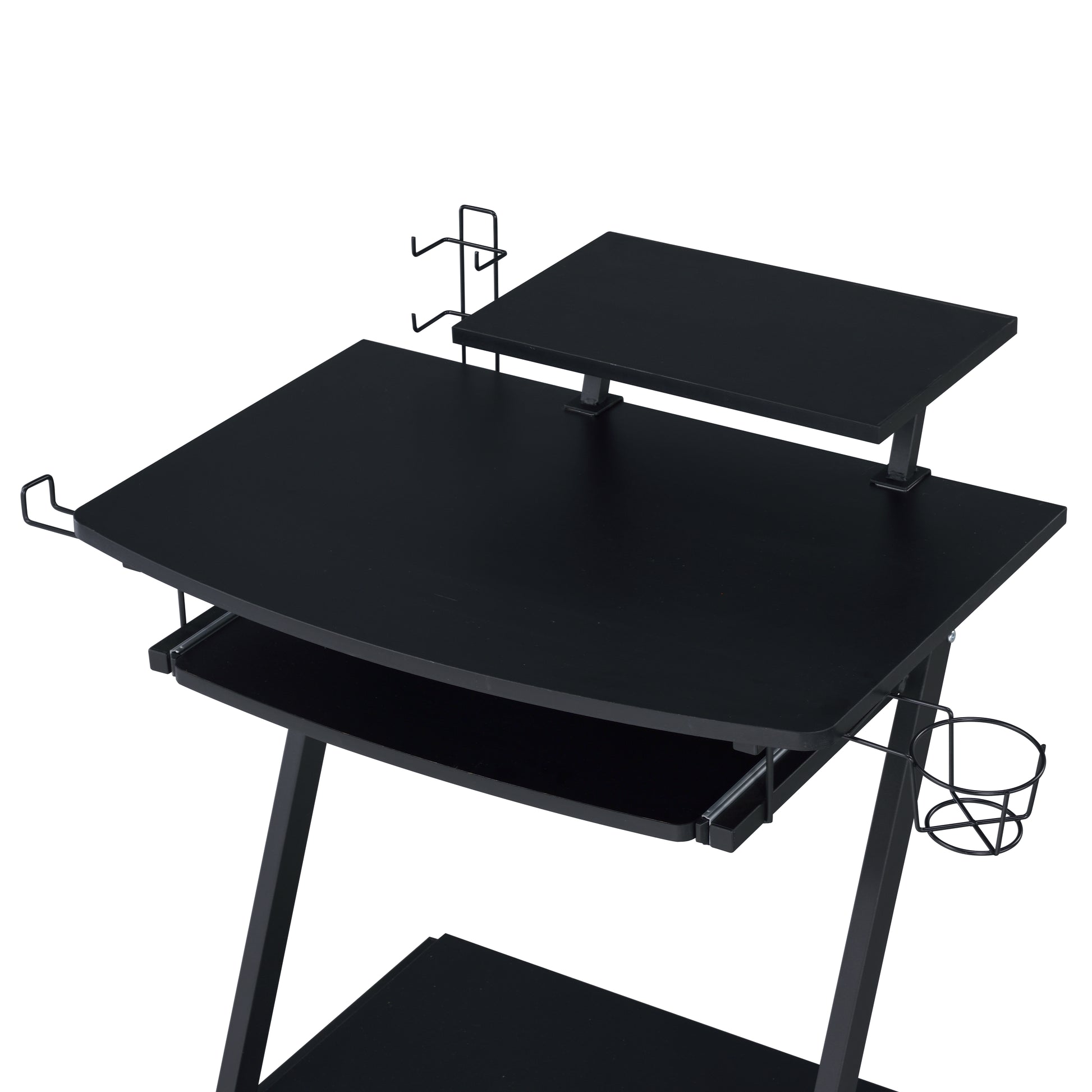 Black metal gaming desk with headphone hooks dual monitor stand and cup holder