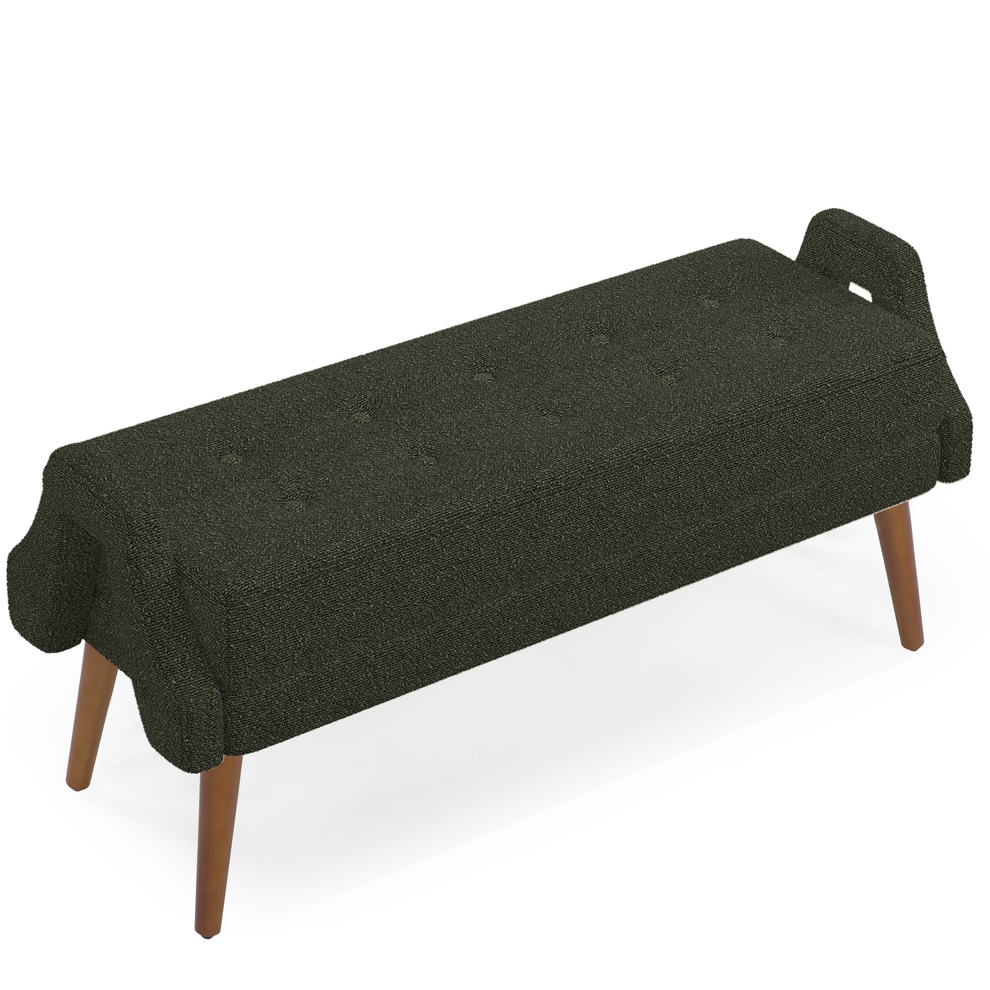 Dark grey textured bench with tufted seat and wooden legs