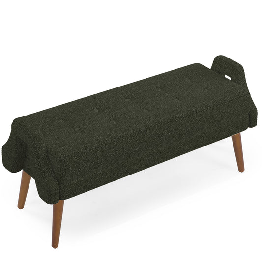 Dark grey textured bench with tufted seat and wooden legs