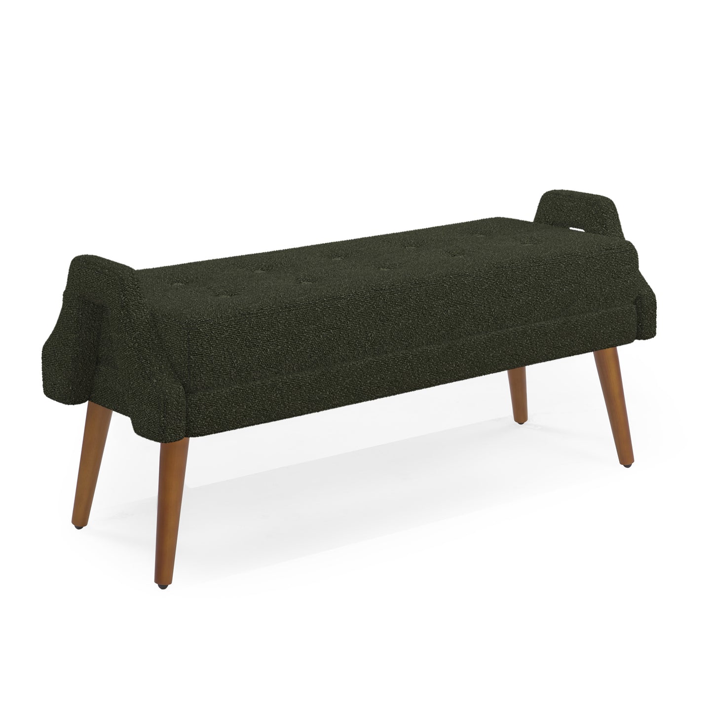Dark green boucle upholstered bench with tufted seat and tapered wooden legs
