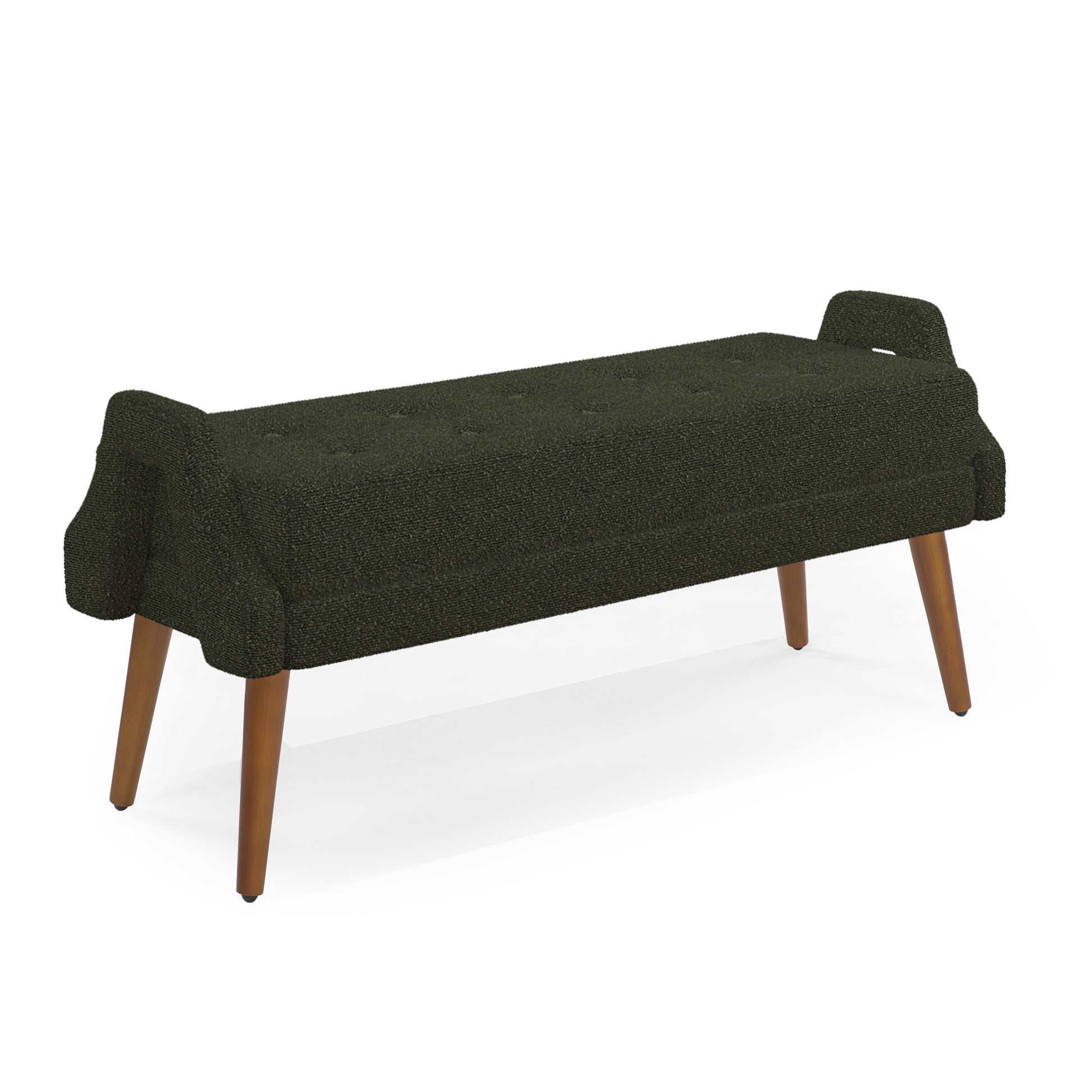 Dark green boucle upholstered bench with tufted seat and tapered wooden legs