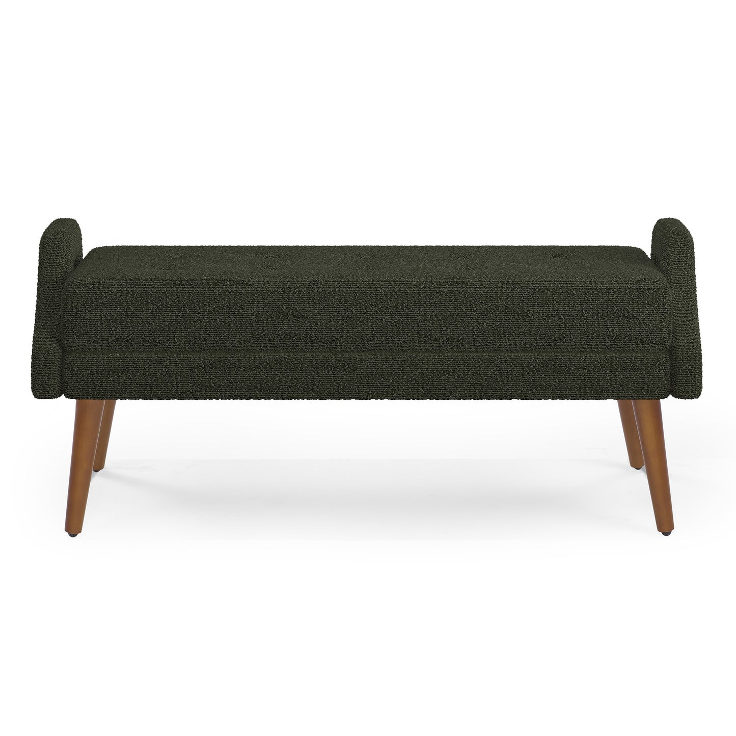 Dark grey textured bench with curved arms and wooden legs