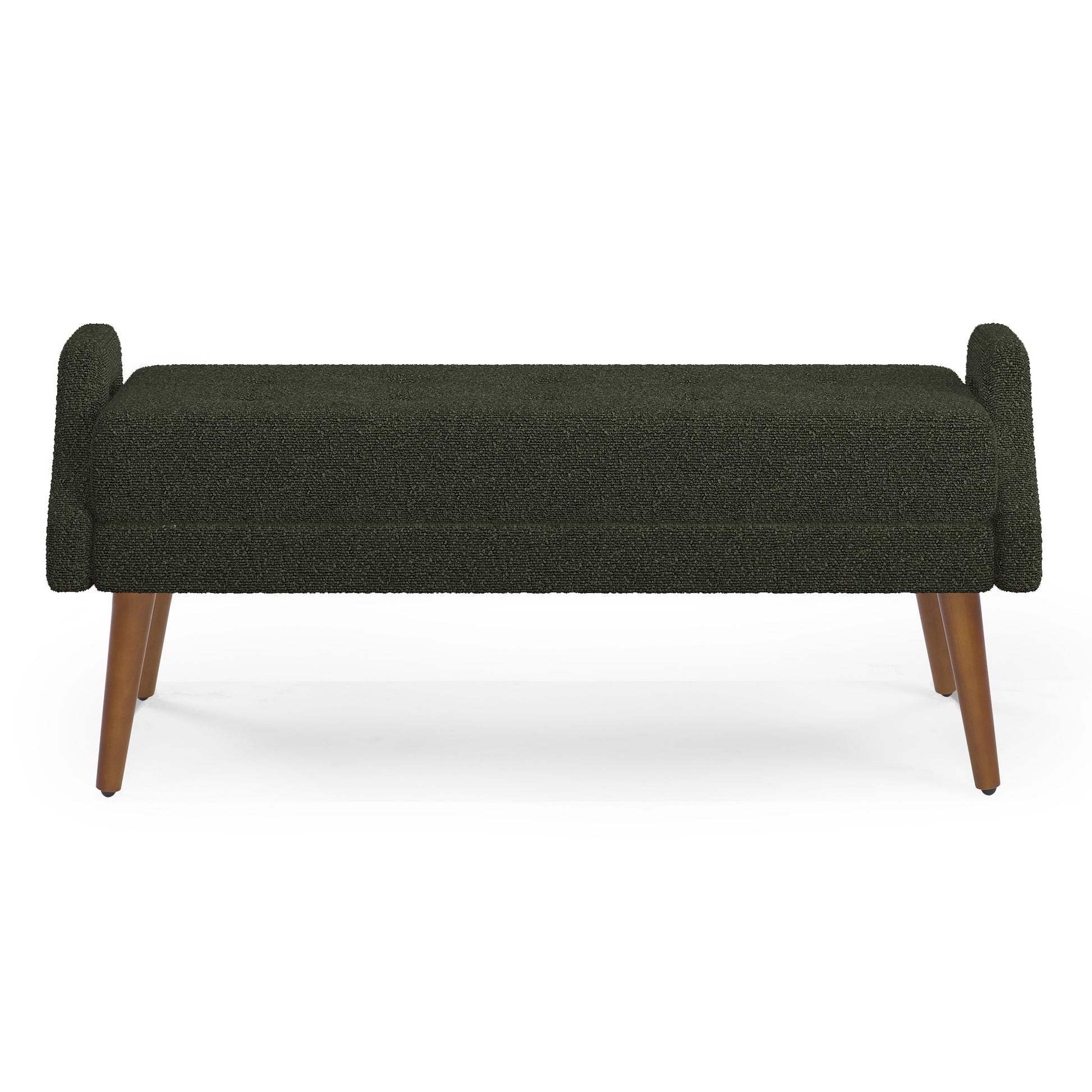 Dark grey textured bench with curved arms and wooden legs