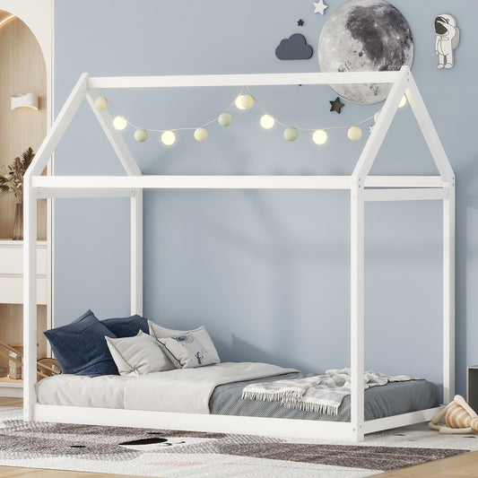 TREATLIFE HOME Twin Size Wooden House Bed, House-Shaped Design, Durable Pine Wood and MDF, White