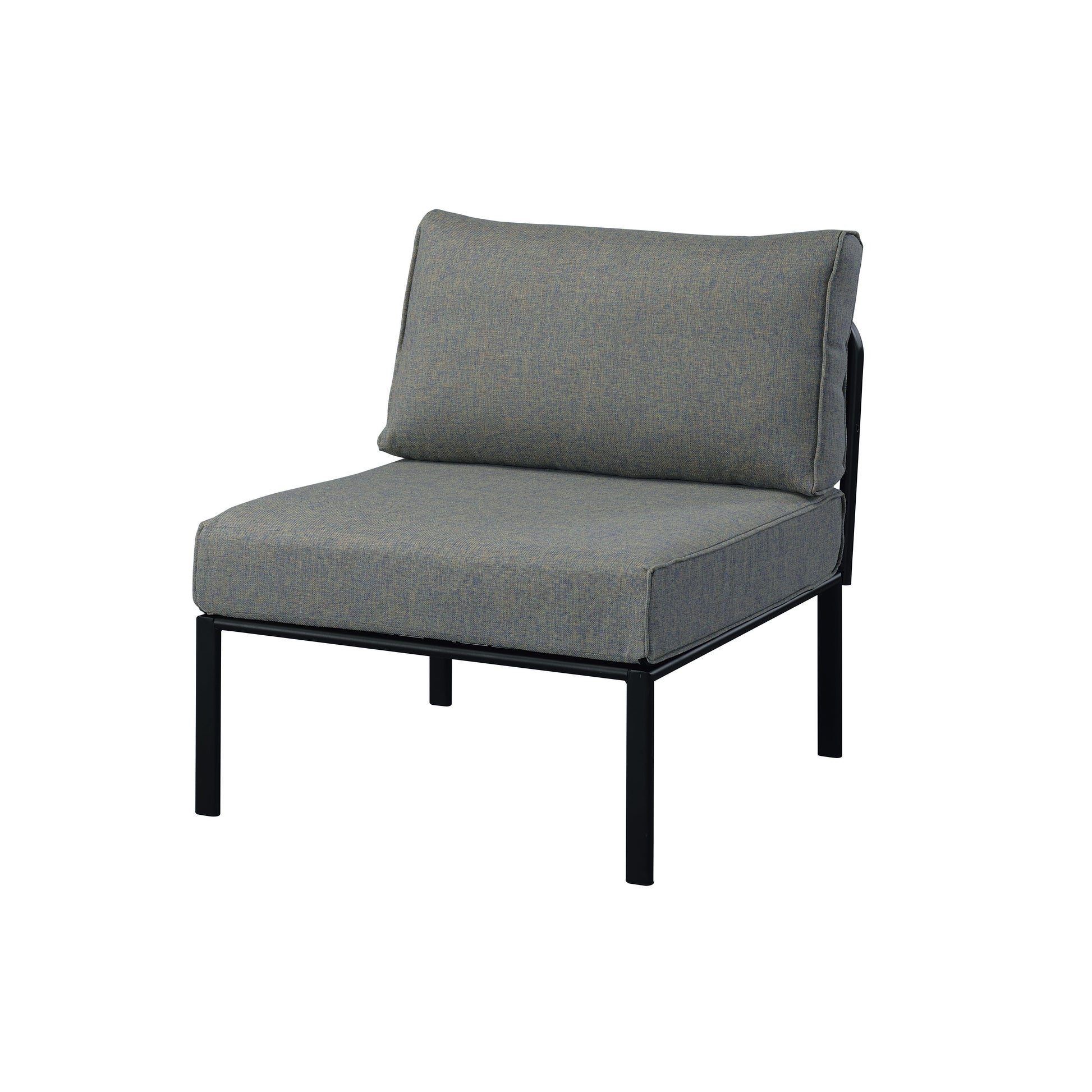 Gray upholstered modular armless chair with black metal frame ideal for small living spaces