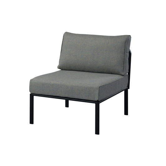 Gray upholstered modular armless chair with black metal frame ideal for small living spaces