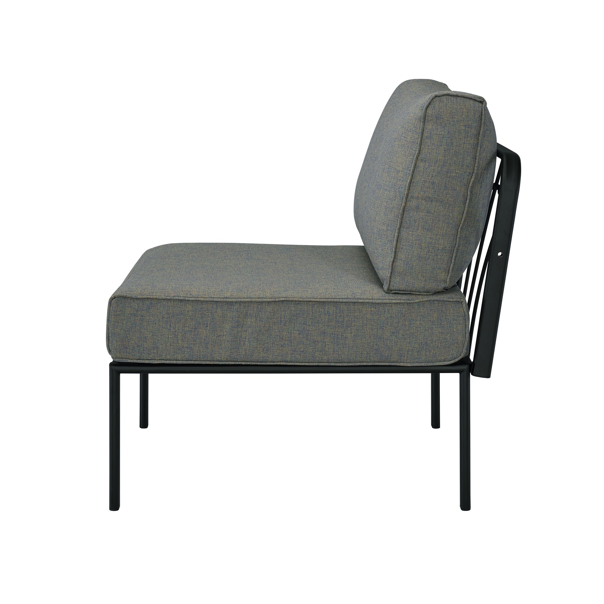 Modern gray fabric armchair with sleek black metal legs and frame