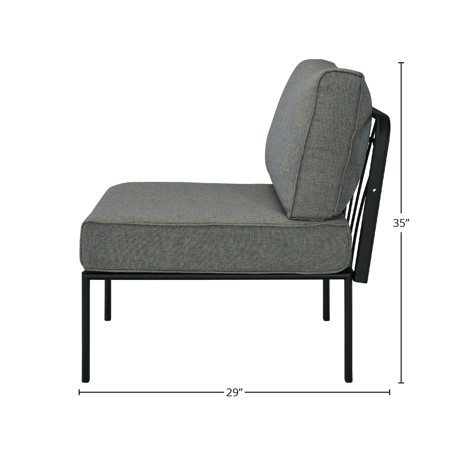 Modern upholstered accent chair in grey fabric with black metal frame  wide