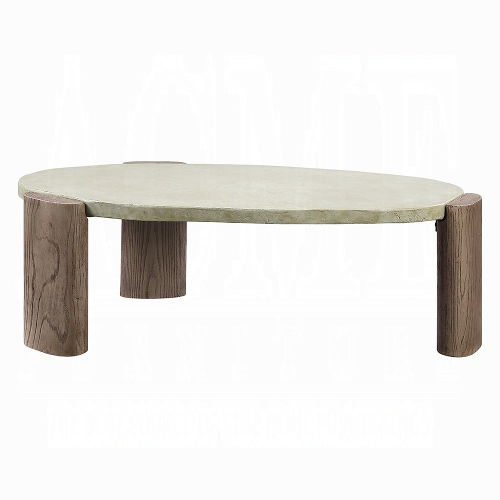 Pebbleshaped concrete coffee table with rustic wood cylindrical legs