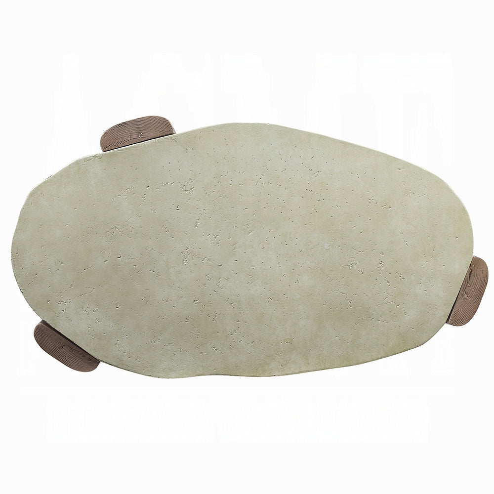 Organicshaped stone coffee table with textured concrete surface and natural wood legs