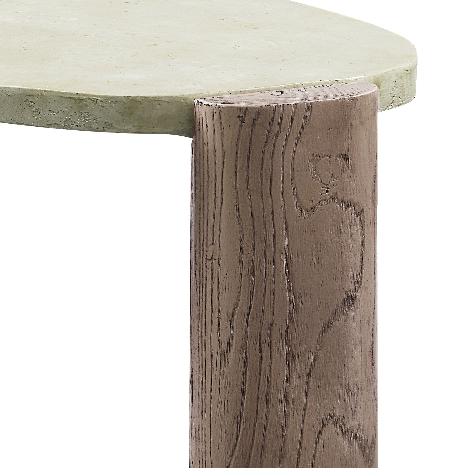 Round light green concrete tabletop with a textured wood pedestal base