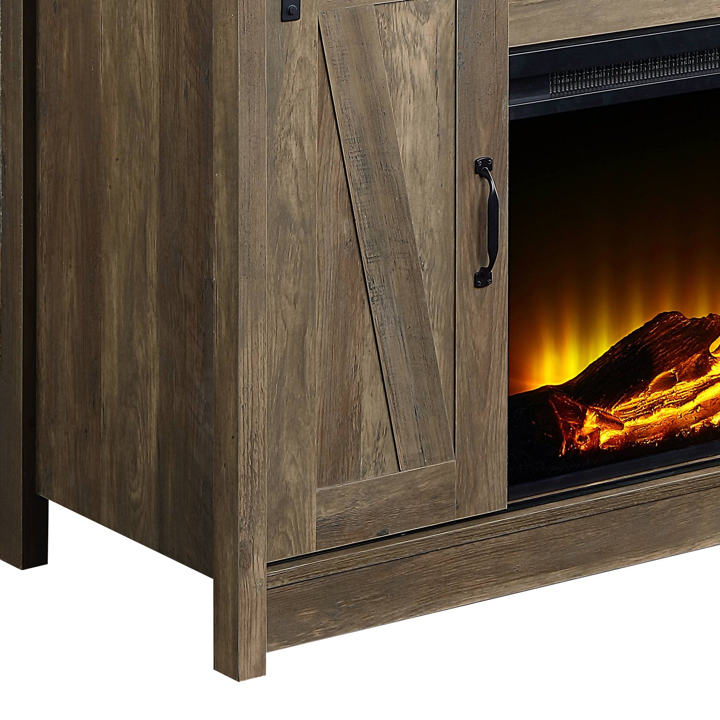 Rustic brown wood media console with a sliding barn door and electric fireplace insert