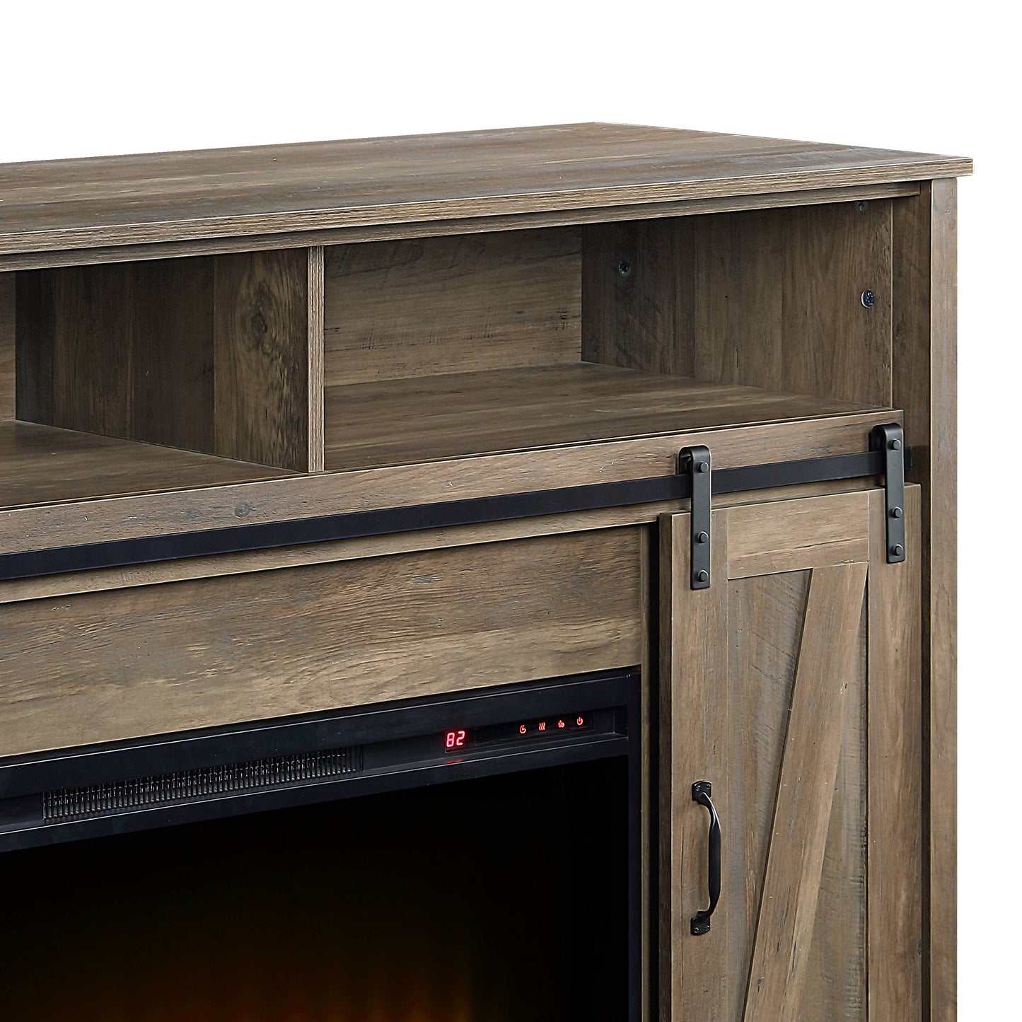 Rustic brown farmhouse electric fireplace mantel with sliding barn door detail