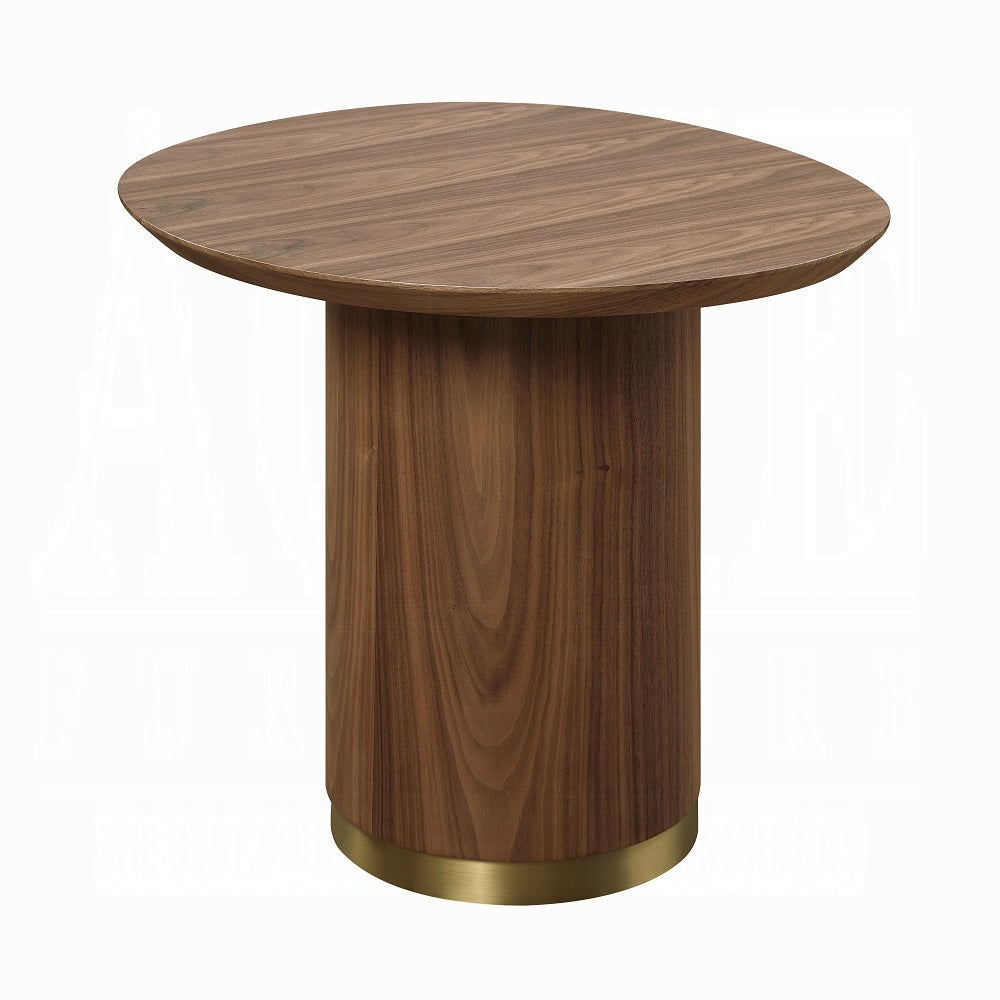 Oval walnut side table with brass base and wood grain detail