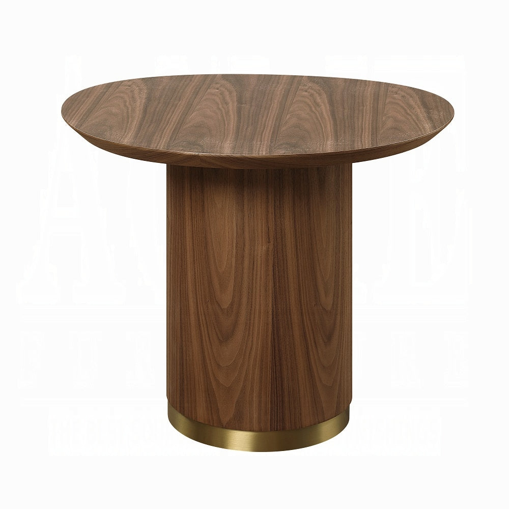 Round walnut end table with tapered pedestal base and brass accent