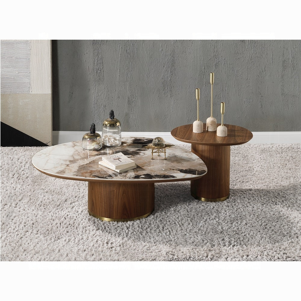 Triangular marble coffee table with a rich walnut base and brushed gold trim