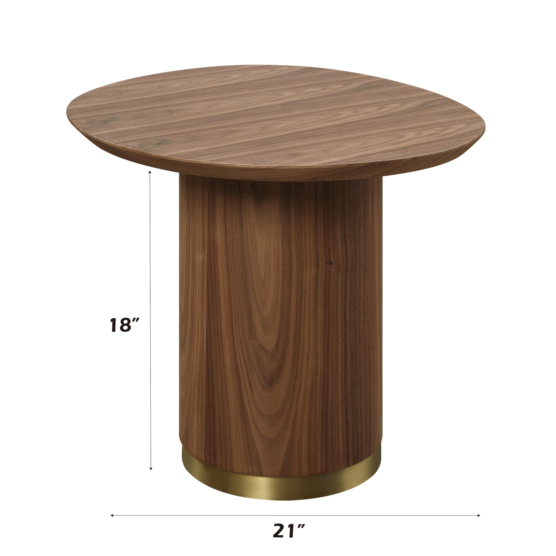 Modern oval walnut wood side table with brass base
