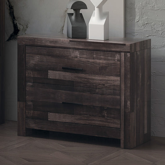 Dark wood dresser with three drawers and black modern handles