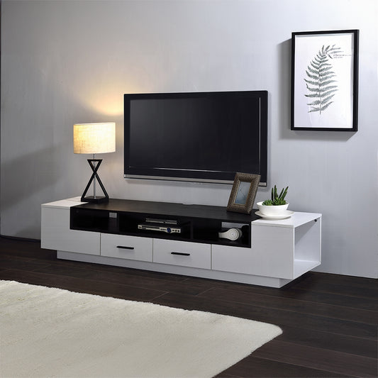 Modern black and white media console with open shelves and drawers for entertainment systems